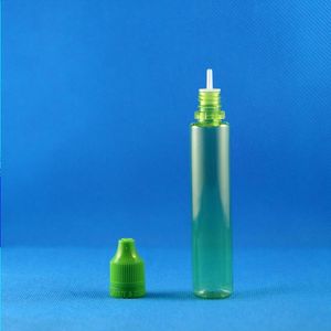 30 ml Pet Green Color Droper -flaskor med dubbla bevis Caps Mycket transparent barn Säkra Långnippel 100 st SGILS