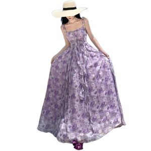 女性の紫色の花のプリントシフォンスパゲッティストラップスリムウエストマキシロングビーチドレスsmlxl