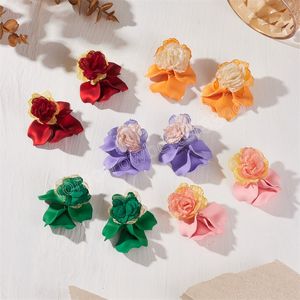 Korean Fabric Flower Drop Earrings for Women Rose Pink Color Vintage Petal Long Hanging Earrings Monther Gifts Accessories