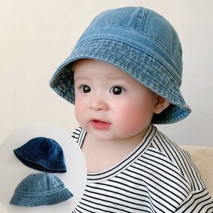 Bonés Chapéus Dobráveis Baby Denim Bucket Hat Vintage Crianças Bonés de Proteção Solar Verão Chapéu de Pescador Alça à Prova de Vento Meninos Meninas Chapéu Guarda-Sol 230626