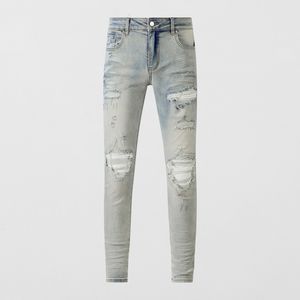 Mäns jeans street mode män retro grå blå elastisk stretch mager rippad homme vit läder lappade hiphop -märke byxor 230625