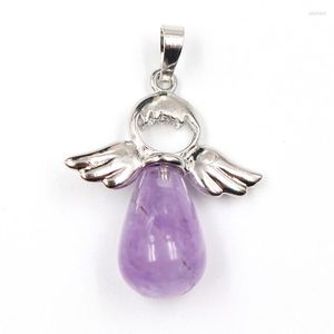 Pendant Necklaces Tear Drop Amethysts Stone Silver Plated Angel Wing Rose Pink Quartz Fashion Jewelry