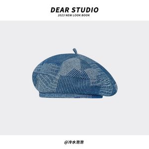 Cappelli berretti in denim scozzesi a trama retrò giapponese per donna 2023 Summer Thin Street Shot Versatile Show Face Piccoli cappellini da pittore