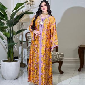 Etniska kläder lyx Ramadan Orange Muslim Abaya klänning för kvinnor Eid Arabiska parti Jalabiya Marocain kläder Turkiet Marockan Kaftan Robe