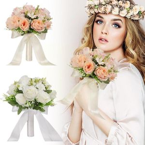 Flores decorativas noiva e dama de honra segurando buquê de seda branca dia dos namorados rosas artificiais de confissão de dia S6V5