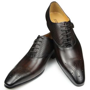 Luxury Mens Business Genuine Leather Shoes Fashion Wedding Oxfords Lace-up Pointed Toe Black Green Coffee Brogues Dress Shoes
