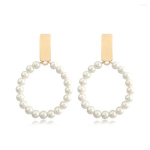 Dangle Earrings Summer Simple Plain Gold Color Metal Pearl Fashion Big Circle Drop Statement For Women Party Jewelry