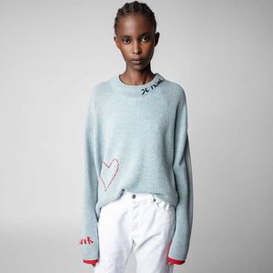 23SS 새로운 Zadig Voltaire 디자이너 스웨터 코트 패션 니트 편지 사랑 자수 수제 수제 캐시미어 니트웨어 풀오버 스웨터 1