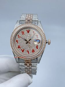 Neue Herren-Modeuhren, rote arabische Ziffern, Roségold-Diamant-Gesichtsuhr, Volldiamant-Armbanduhr, automatische mechanische Armbanduhr, 41 mm