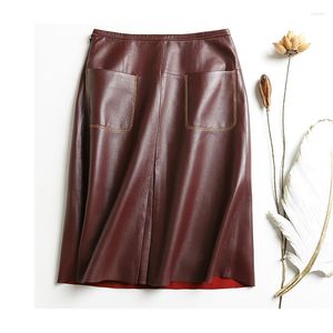 Skirts Women Genuine Leather Midi Long Wrap Skirt Ladies Bright Line Female Slit Pockets Sewing High Waist Jupe Mujer A-line Mid-Length