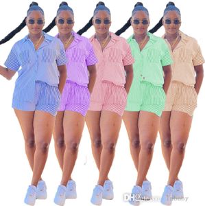 Modesuit randiga kvinnor Två stycken Set Outfits Kort ärmficka och shorts Set 2023 Ins Summer Streetwear 2st Suit