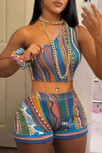 Two Piece Set Womens Tracksuit 2023 Summer Fashion Clothes Striped Paisley Print Sets One Shoulder Tank Top And Shorts Outfits