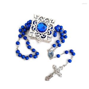 Collane con ciondolo QIGO Religioso Pray Jewelry Collana con rosario in plastica blu con croce lunga da donna