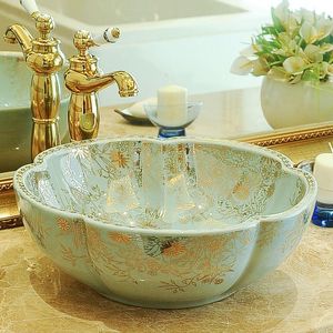 Padrão de grama China Artístico Estilo Europeu Balcão de porcelana lavatório pias de banheiro arte em cerâmica pia de banheiro de luxo Lbxqt