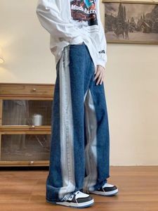 Erkek Kot Gmiixder Vintage Jeans Geniş Bacak Dökümlü Streetwear Ekleme Kot Pantolon Unisex Beyaz Kalın Çizgili Patchwork Yüksek Bel Pantolon 230626