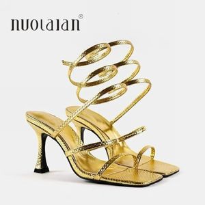 Sandals Arrival Fashion Gold Women High Heels Sandals Thin Low Heel Narrow Band Rome Sandal Summer Gladiator Casual Sandal Shoes 230626