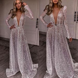 Berta A Line Dresses For Bride V Neck Long Sleeves Sequins Wedding Dress Vintage Vestidos De Novia Sweep Train Designer Bridal Gowns