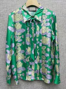 Women's Blouses QQ6225 Tops Fashion Silk Shirts 2023 Spring Summer Women Turn-down Collar Vintage Painting Prints Long Sleeve Green