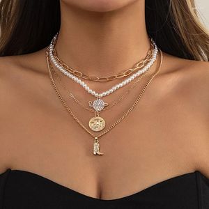 Catene multistrato collana d'oro strass monete ciondoli collane di perle pendenti per girocolli da donna