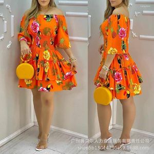 Casual Kleider Tropical Print Off Schulter Kleid 2023 Frauen Y2k Hohe Taille Swing Sommer Vestidos Strand Urlaub Party Sexy