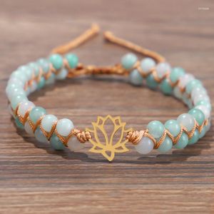 Charm Bracelets Boho Two Layered Natural Stone Lotus Flower Rope Braided Amazonite Crystal Bracelet For Women Healing Meditation