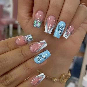 False Nails 24Pcs French Short Ballerina Coffin With Love Design Wearable Press On Artificial Nail Tips Fake Blue