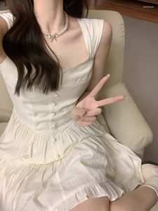 Casual Dresses Deeptown Vintage Fairycore White Slip Dress Women Y2k Eesthetic Korean Princess Elegant Ruffle High midje Tunic Vestidos