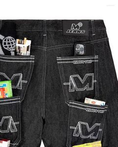 Jeans Masculino Y2k Minus Two Jeans Baggy com Vários Bolsos Cargo Calças Pretas Harajuku Hip Hop Street Dance Calças de Pernas Largas Streetwear