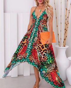 Casual Dresses Leopard Print Halter Asymmetrical Dress Women Long Loose Maxi V Neck Sleeveless Spring Summer Sexy Backless