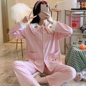 Damska odzież snu Spring Sleep Suit Kobiet Pink Cotton Pajamas 2pcs Set Nose Nose Nose-Down-Collar Pijama Domowa odzież nocna