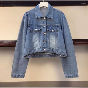 Zwiedź odzież damski PLUSS PLUSS DŁUGO PUPK SKRÓTKÓW KRÓTKI BOMBER JEANS JACKI 4XL Autumn Spring Sweet Girl's Denim Płaszcz