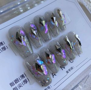 False Nails Handmade Hand Wearing Art 3D Glitter s Complexion Laser Grey Crystal Fake Nail With Glue Tips 10pc Set 230626