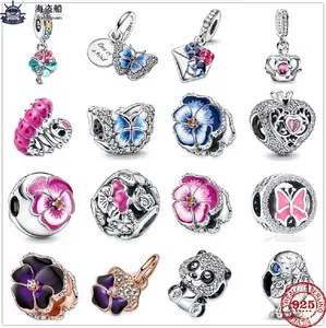 Für Pandora Charms authentische 925er Silberperlen Blauer Blumenumschlag Rosa Blumen-Schmetterlings-Anhängerperle