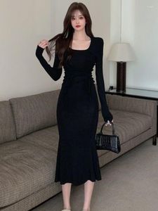 Casual Dresses Qweek Slim Black BodyCon Dress Women Vintage Party Evening Wrap Draw String Solid Coltr 2023 Fashion Retro