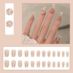 Unhas Postiças 24 Pçs Press On Transparente Longo Amêndoa Com Cola DIY Cobertura Completa Alto Brilho Pérola Falsa Para Salão De Manicure