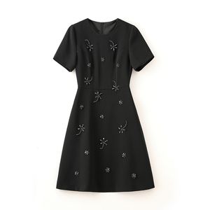 2023 Summer Black Solid Color Dress Short Sleeve Round Neck Knee-Length Casual Dresses W3L049802