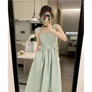 Casual Dresses Dress Women Summer Thin Waist Shoulder-straps Solid Color Fold Fashion Vestidos Drop YPHA232