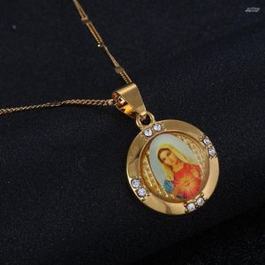 Pendant Necklaces Gold Color Catholic Christian Enamel Blessed Mother Cameo Virgin Mary Necklace Round Chain Jewelry