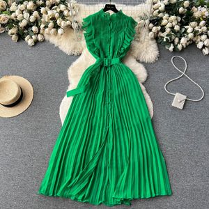 Casual Dresses Yemoggy Elegant Pleated For Women's Summer Dress with Lace Up 2023 Stand Neck Short Flying Sleeves Maxi