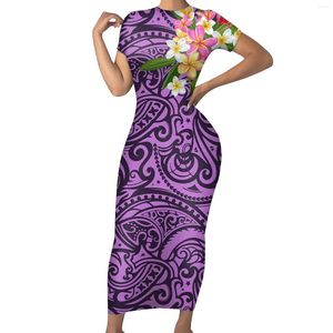 Casual Dresses Wholesale Price Custom Women's Slim Was Thin Dress Polynesian Tribal Purple Background With Plumeria Ladies Personality