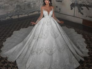 Luxury Ball Gown Wedding Dresses V Neck Long Sleeves Sequins Appliques Beaded Floor Length Ruffles 3D Lace Crystals Diamonds Bridal Gowns Plus Size Vestido de novia