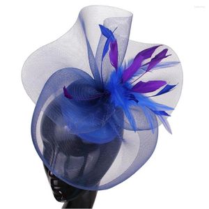 Berretti Fashion Royal Blue Wedding Fascinators Cappelli Piume viola Copricapo Donna Elegante Ladies Party Kenducky Chic Accessori per capelli