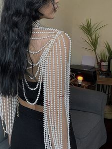 Andra modetillbehör Kvinnor Pearl Tank Top Body Chain Jewelry Sexig Multilayer Pearl Tassel Långärmad bh -kedjor Kamisolhalsband krage partykläder 230626