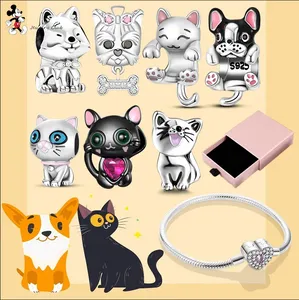 Para pandora charme 925 contas de prata encantos Black Cat Pet Dog Set Paw Schnauzer Akita Pug conjunto de charme