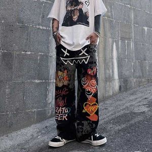 Men's Jeans Spring and summer new high street graffiti dad jeans men and women loose high waist show in wide leg straight trousers jeans J230626