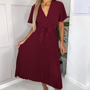 Casual Dresses Women Short Sleeve V-Neck Summer Dress Swing Pleated Solid Color Satin Tie Waist Elegant For Holiday Shopping