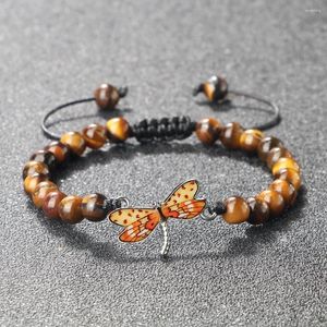 Link Bracelets Handmade Braided Bracelet Men Charms Natural Tiger Eye Stone Beads Prayer Alloy Dragonfly Pendant Bangles Jewelry Gifts