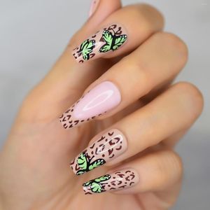 False Nails Jungle Design Butterfly Press On Coffin Medium Leopard med fullt täcktillförsel för proffs