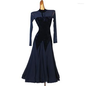 Stage Wear Velvet Blue Ballroom Dresses Sexy Long Sleeves Waltz Dancing Big Swing Dress Women Competition Dance Costumes