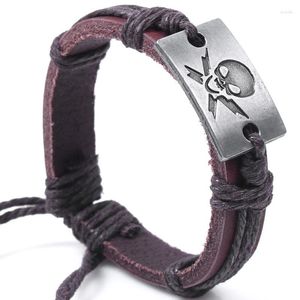 Charmarmband tibetansk silverpläterad skalle äkta läderband för kvinnor män smycken pulsera lederen armband